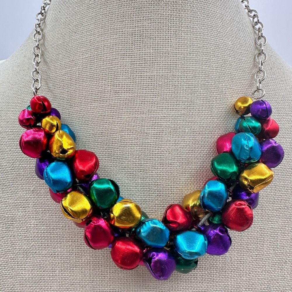 Vintage 90s Silver Tone Polycrome Jingle Bell Necklace Women's Classic Jewelry